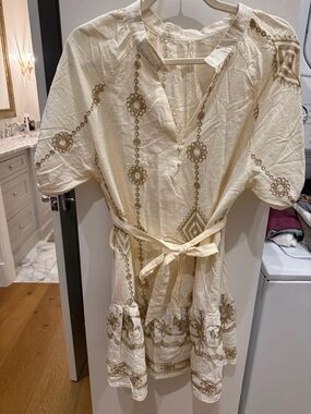 Embroidered Cream Boho Tunic Dress with Belt